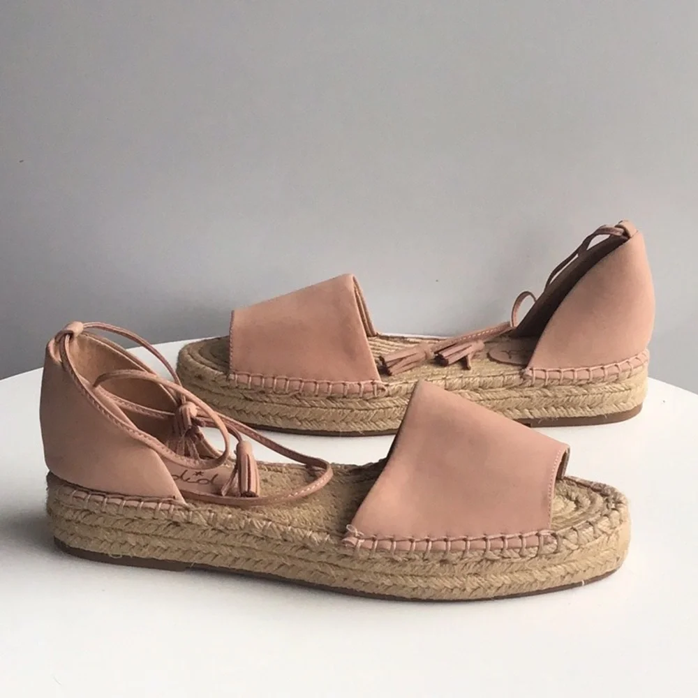 Splendid light Pink Espadrille tassels raffia platform flat ankle wrap Sandals